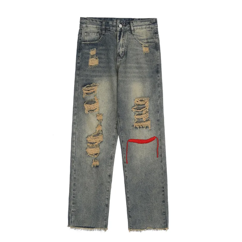 High Street Washing Vintage Streetwear Yellowing Beggars Holes Jeans Straight Fashion Men's and Women's Denim Pants