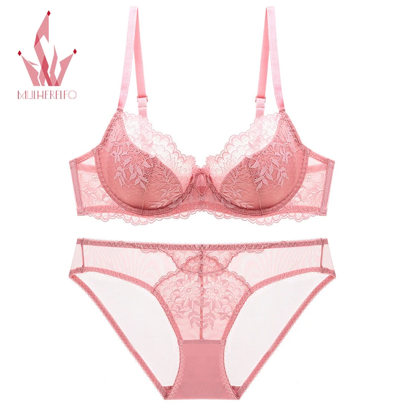 

Mulherelfo Sensual Lingerie Set Women Sexy See-Through Lace Padded Push Up Bralette Seamless Thin Bra Brief Kits Female Intimate