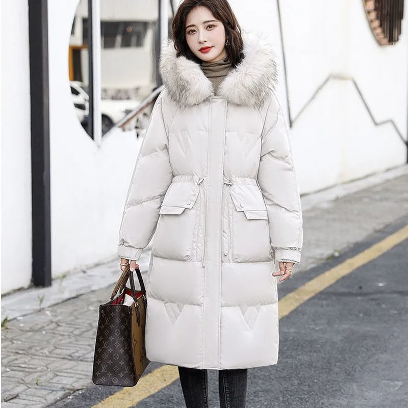 

Down Jacket Women Winter Hooded Puffer Coat Fox Fur Collar Loose 90% White Duck Down Parkas Solid Long Style Warm Outerwear E498