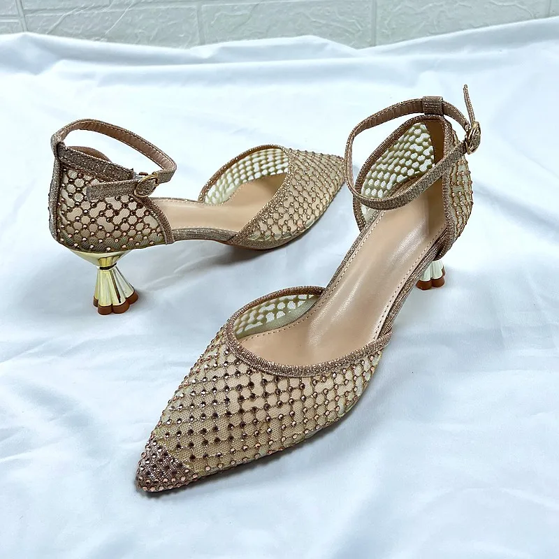 

Rhinestone Sandals 2023 Women's Buckle Strap Female Shoe Bling Bling High Heels Large Size New Girls Summer Pointed Bright High-