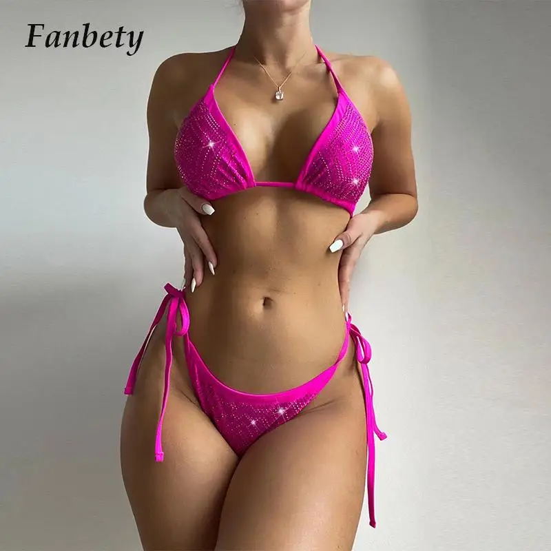 

Новинка Женская однотонная пляжная одежда Пуш-ап с открытой спиной летние стринги с лямкой на шее купальник из двух предметов 2023 сексуальный женский комплект бикини со шнуровкой