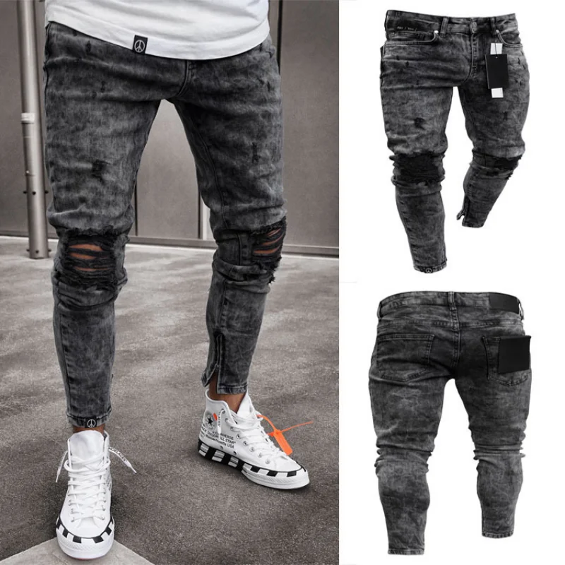 2023 Biker Jeans Men's Distressed Stretch Ripped Biker Jeans Men Hip Hop Slim Fit Holes Punk Jeans Zipper Pure Color Denim Pants