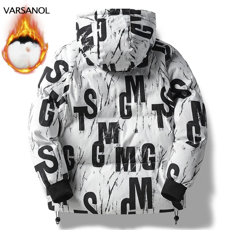 VARSANOL Winter Print Mens Parka Jacket Casual Zipper Hooded Man Coat Clothes Fashion Streetwear Oversize Letter Thick Jacket