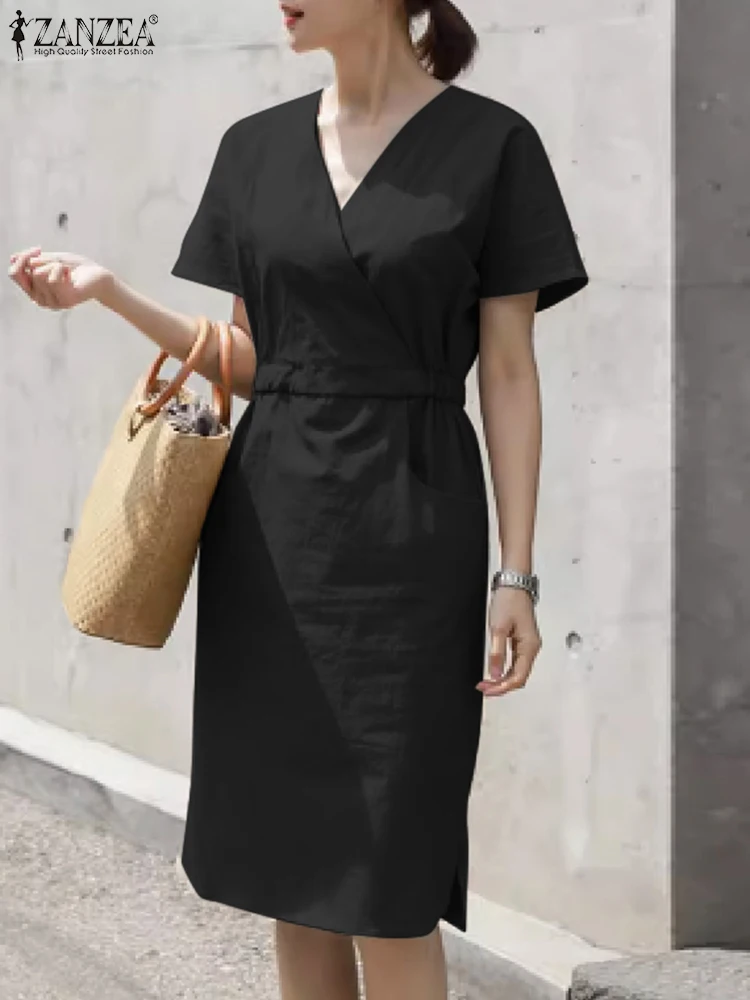

Модель 2023 года, модный летний сарафан ZANZEA, женское элегантное платье для работы, однотонное офисное платье до колен, платье с V-образным вырезом и коротким рукавом, женское платье, кафтан