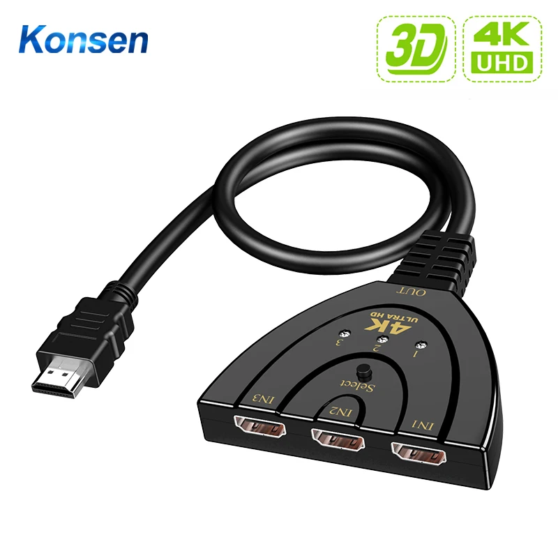 4K HDMI Switcher 3 Port HDMI Switch 3 in 1 Out with High Speed Switch Splitter Pigtail Cable Supports Full HD 4K 1080P 3D Player