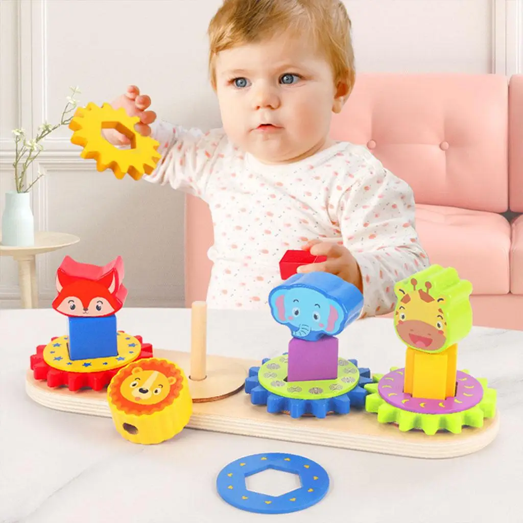 

Wooden Stacking Block Toys Animal Color Recognition Gear Matching Learning