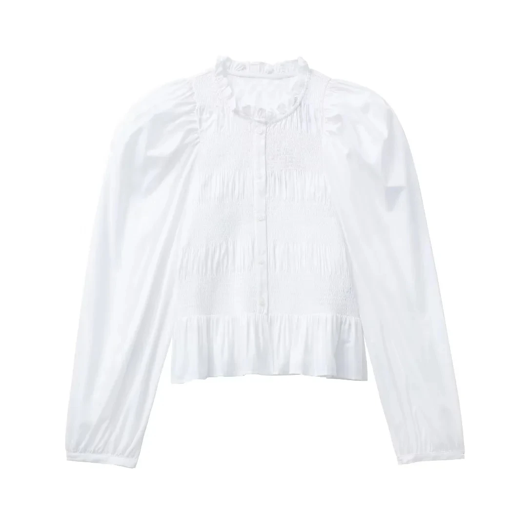 

Стильная женская элегантная белая Поплиновая укороченная блузка с эластичной отделкой, рубашка с круглым вырезом и длинными рукавами, топы...