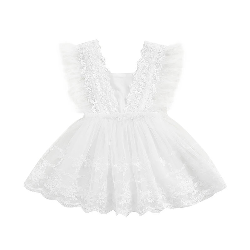 

0-24 Months Sleeveless Baby Clohting Baby Girls Casual Dress, White Square Collar Sleeveless Lace Hem 1-piece