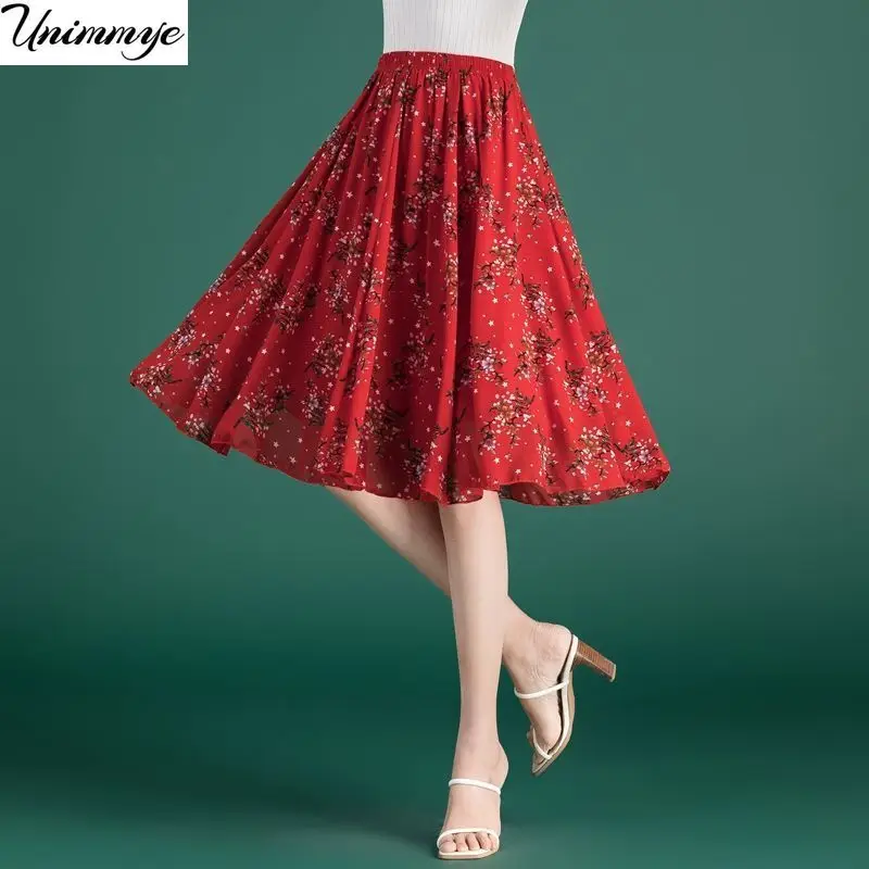 

Юбка женская шифоновая средней длины с высокой талией и цветочным принтом