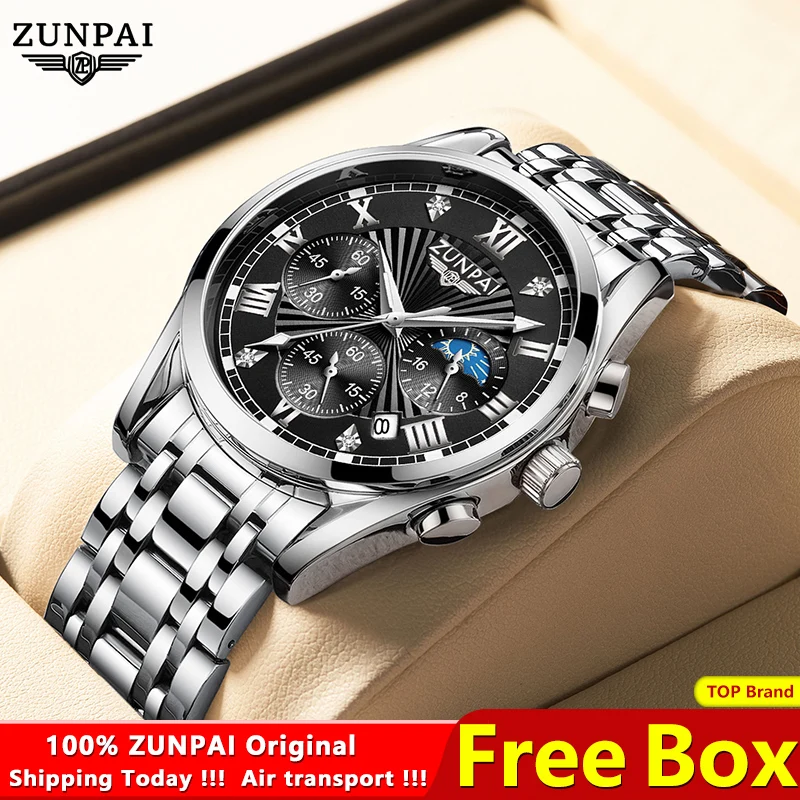 

100%original ZUNPAI Luxury Watch for men TOP Brand Waterproof sports Stainless steel Chronograph Fashion Luminous wristwatches