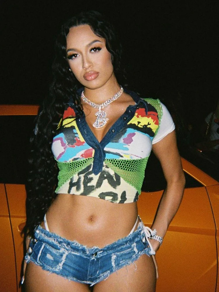 

Женская футболка с коротким рукавом Bolopi, укороченная футболка в стиле пэчворк, Клубная футболка с коротким рукавом Y2K, лето 2023