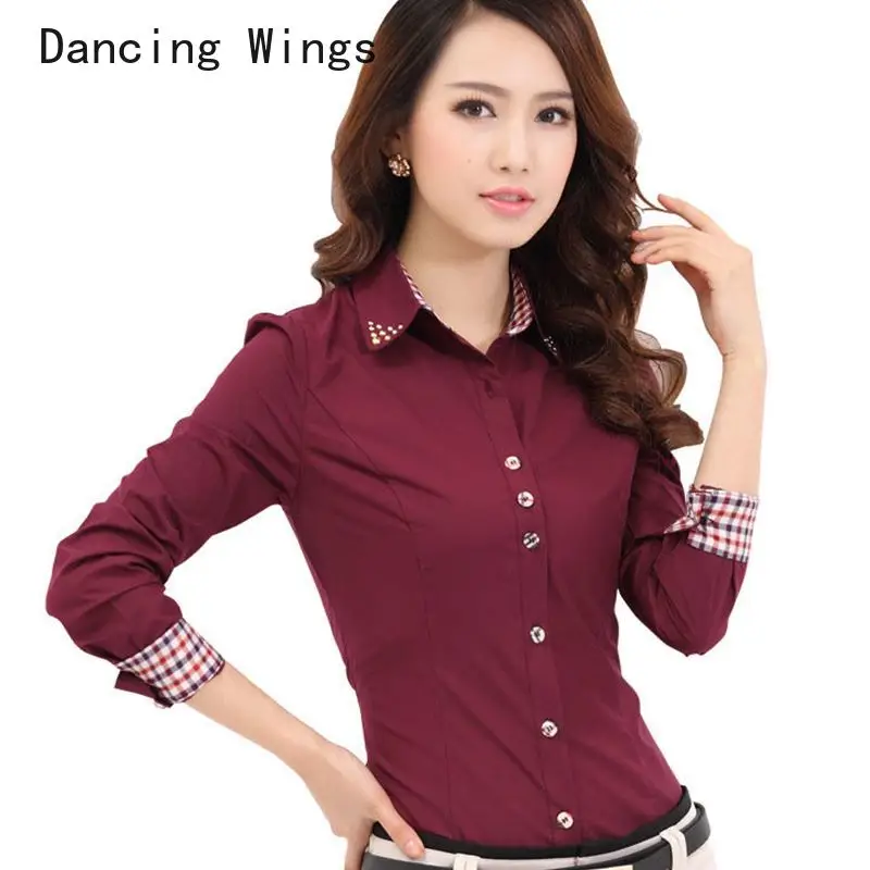 Женская Офисная рубашка в клетку с длинным рукавом и отложным воротником