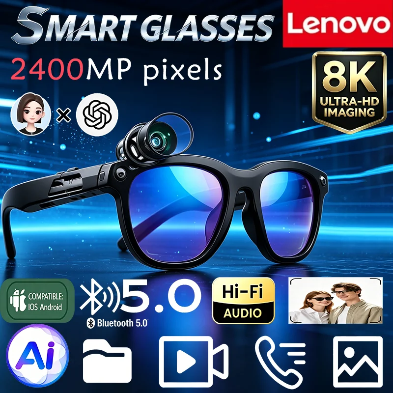 Фото Умные солнцезащитные очки Lenovo 8K с сенсорным экраном, Bluetooth, голосовым помощником AI, камерой для записи и многоязычным переводчиком для использования на улице. №1