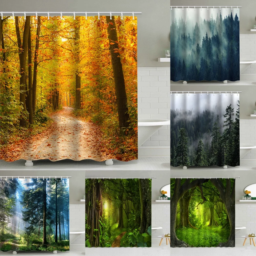 

Misty Forest Shower Curtain Sunshine Tree Autumn Green Yellow Leaves Jungle Grass Landscape Woodland Scenery Fabric Bath Curtain