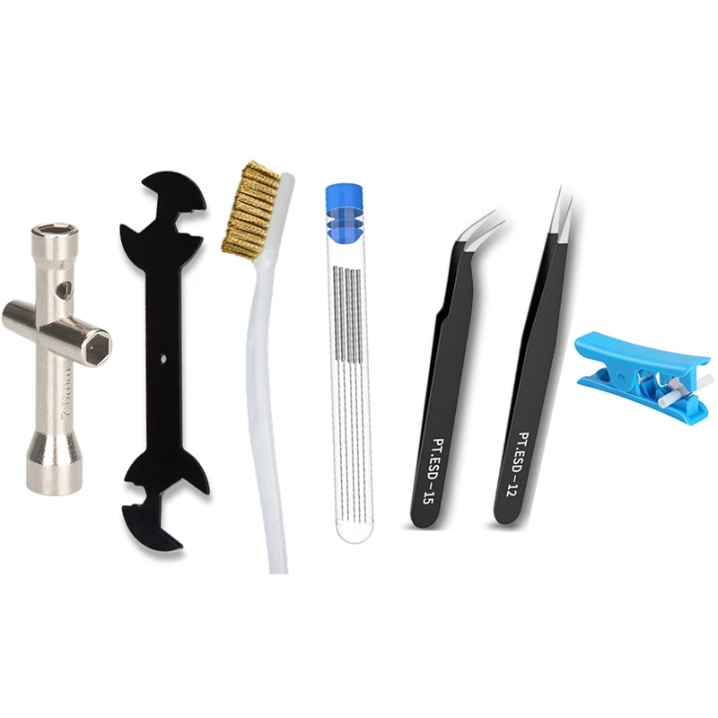 

Набор инструментов для чистки сопла 3D-принтера 7 в 1, пинцет, гаечный ключ, иглы, резак из ПТФЭ для запчастей 3D-принтера