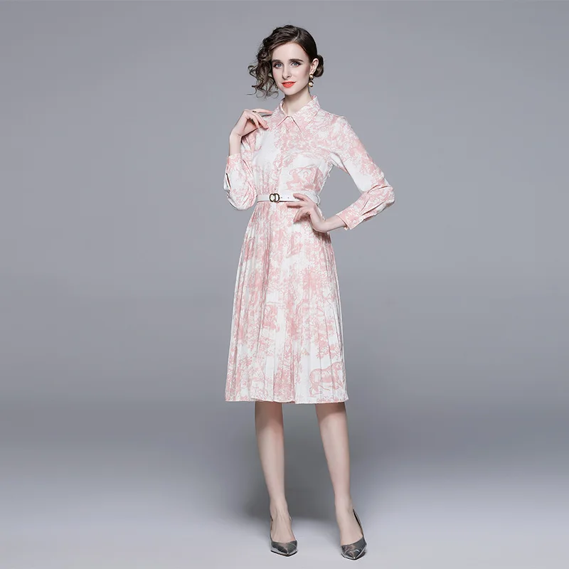 

Spring and Summer Women's New High-end Temperament Polo Collar Long-sleeved Single-breasted Printed Pleated Dress with Belt