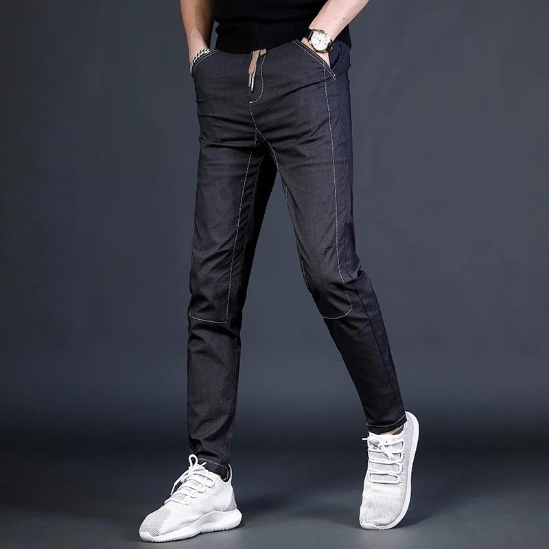 Summer 2023 Black Casual Pants Men Fashion Korean Style Slim Fit Drawstring Trousers