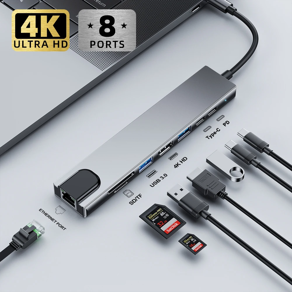 Concentrador de red USB tipo C, adaptador a 4K HDMI 3 0 HUB Multi USB 3,0 Otg, lector de tarjetas SD Rj45 Macbook Air M1 Pro, estación de acoplamiento
