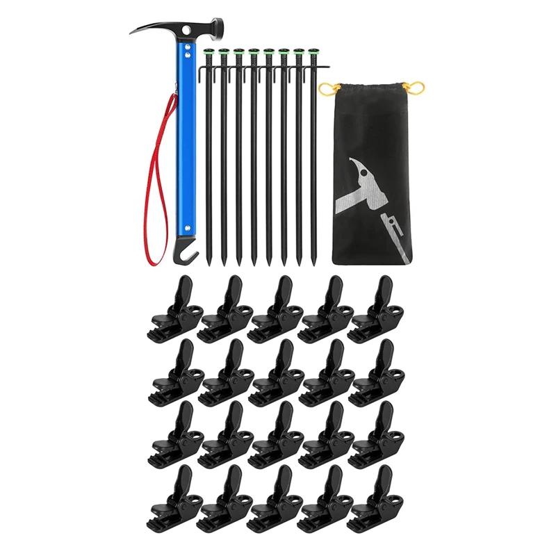 

New Hot 28 Pcs Tent Accessories: 20 Pcs Tent Awning Canopy Clamp Tarp Clip & 8 Pcs Tent Stakes Light Tent Mallet Hammer
