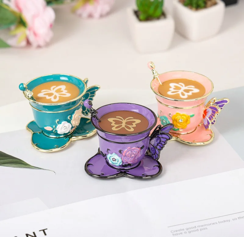 Vintage style Hand Painted Two Piece Set Coffee Cup with Flowers and Butterfly Trinket Box