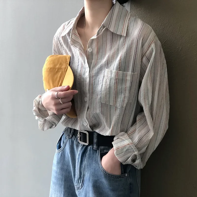 Plus Size Women's Shirt Original Striped Folded Sleeve Spring Summer Long Japanese Style Top Chinese with Pocket |