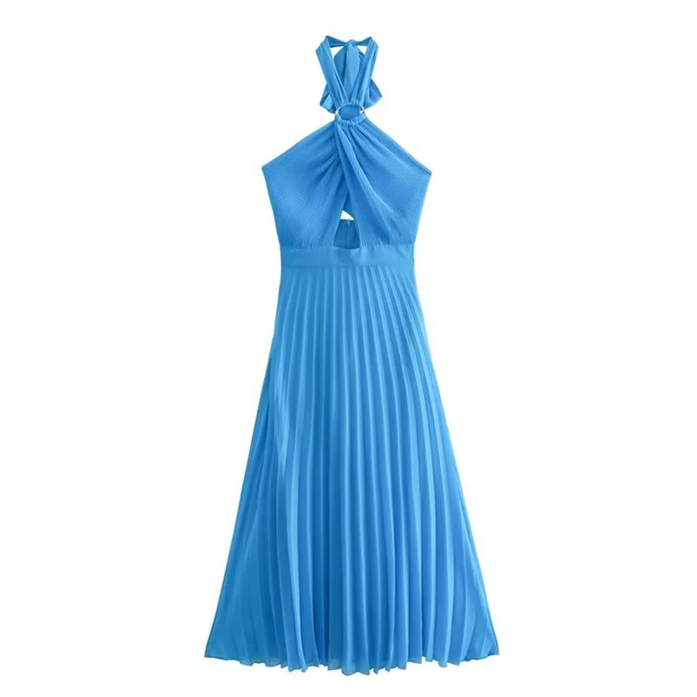 

PB & ZA Women 2023 New Fashion Pleated Underwear Dress Chic Backless Sleeveless Necklace Female Long Dress Vestidos Mujer