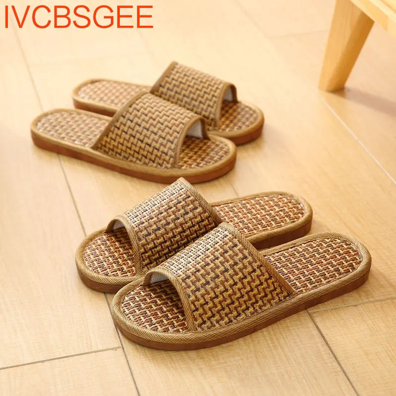 

Unisex Bamboo Weaving Home Linen Slippers Summer Cooling Floor Indoor Slides Unisex Bedroom Shoes Mujer Zapatillas