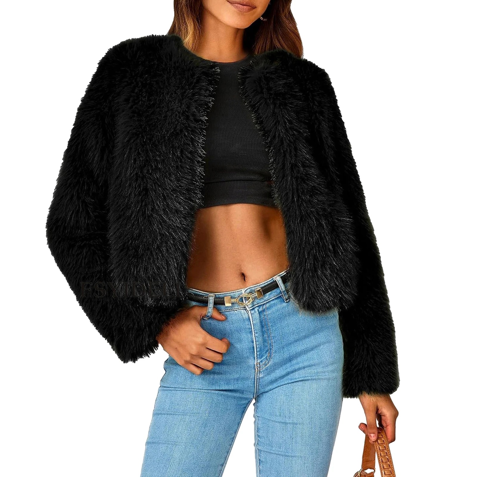 

Women Cropped Jacket Solid Color Casual Style Front Open Jacket Loose Fit Faux Fur Coat Oversized Basic Vacation Outfit