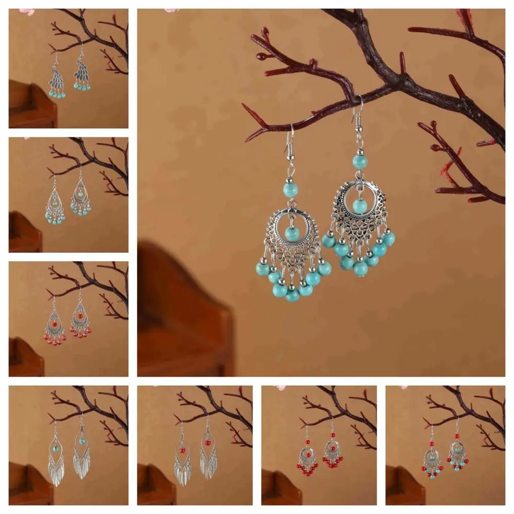 Богемные бирюзовые серьги с кисточками ушные крючки в этническом стиле висячие