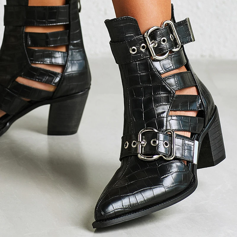 Thick Heel Stone Grain Pointed Woman Boots Hollow Buckle PU Leather Ankle Boots Sexy Spring Autumn Street Motorcycle Shoes Black