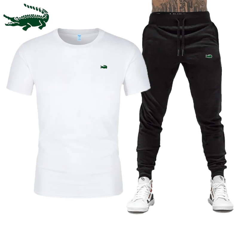 Hoge-Kwaliteit Lente En Zomer Nieuwe Mannen Casual Sport Katoen Ronde Hals Korte Mouwen T-shirt + casual Sport Broek Set S-3X