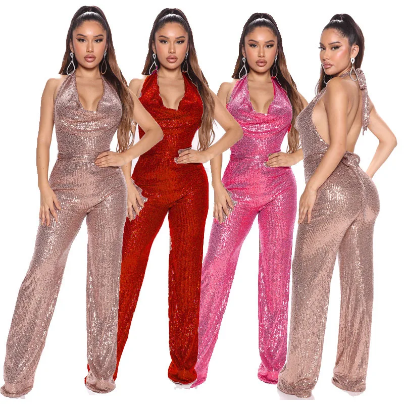 

Sequins Jumpsuit Women Sexy Backless Club One Piece Romper Streetwear Backless Halter Neck Strap Slim Sleeveless Jumpsuits Mono