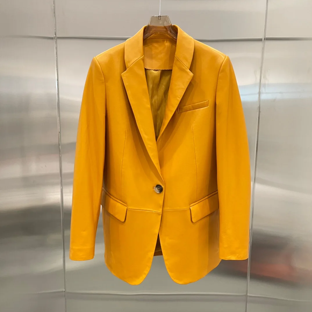 

New Spring new genuine leather female long sheepskin jacket blazer women long leather coat balck yellow big lapel Jacket