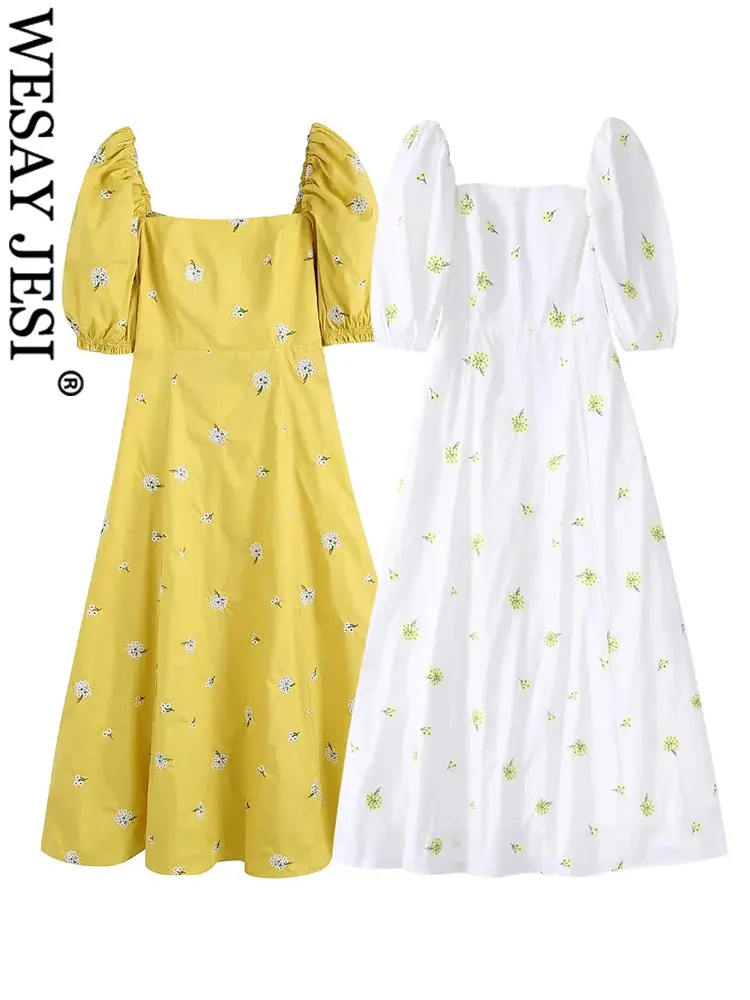 

WESAY JESI Print Women Sweet Dress Raglan Puff Sleeve Square Neck Floral Back Hollow Tie Bow Elastic Slim Fit Elegant Long Dress