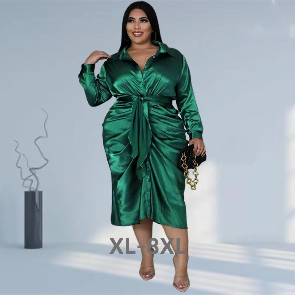 Plus Size Women's Dresses Women Solid Long Sleeve Bandage Draped Pleaped Sleeve Button Dress Office Lady Whol 3xl 4xl 5xl 6xl
