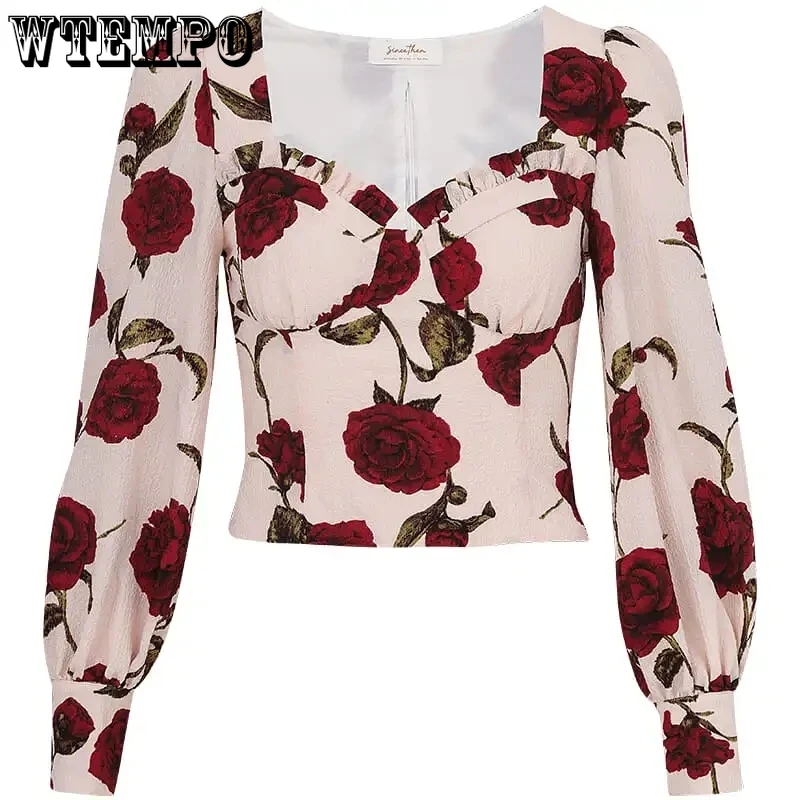 

Chic Floral Chiffon Shirt Women V Neck Blouse Summer Vintage French Rose Tops Long Lantern Sleeve Blouses Womens Corset Top 2022