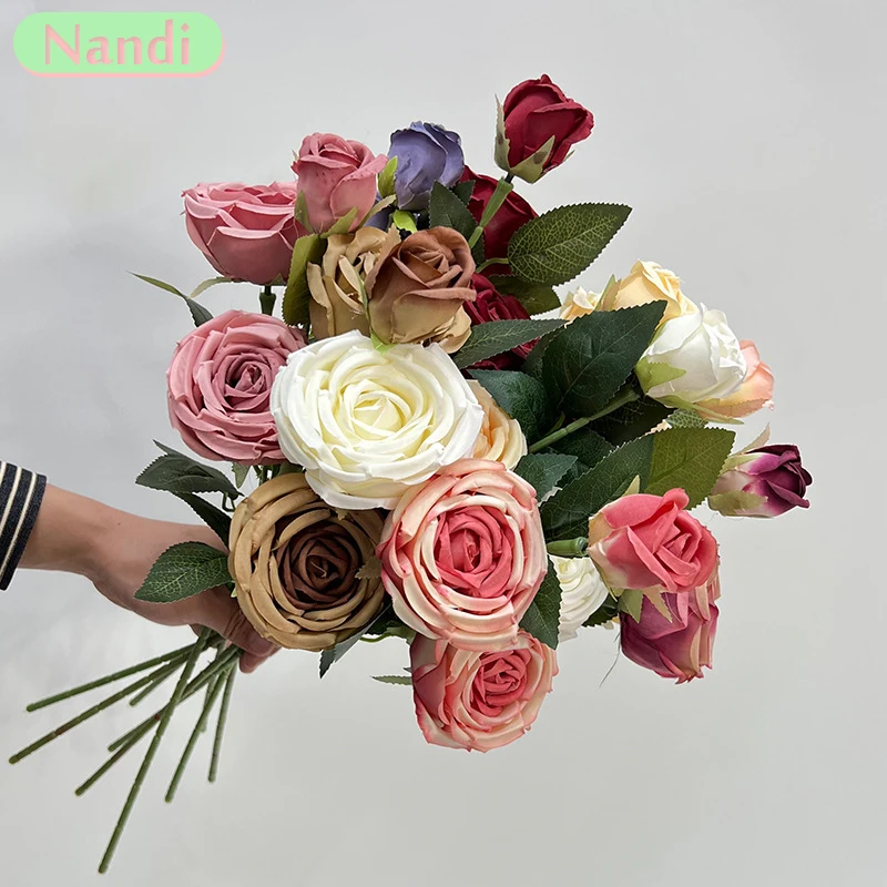 

3 Heads Simulation Rose Fake Flower Home Interior Decoration High Quality Artificial Tabletop Decoration Rose Wedding Decoration