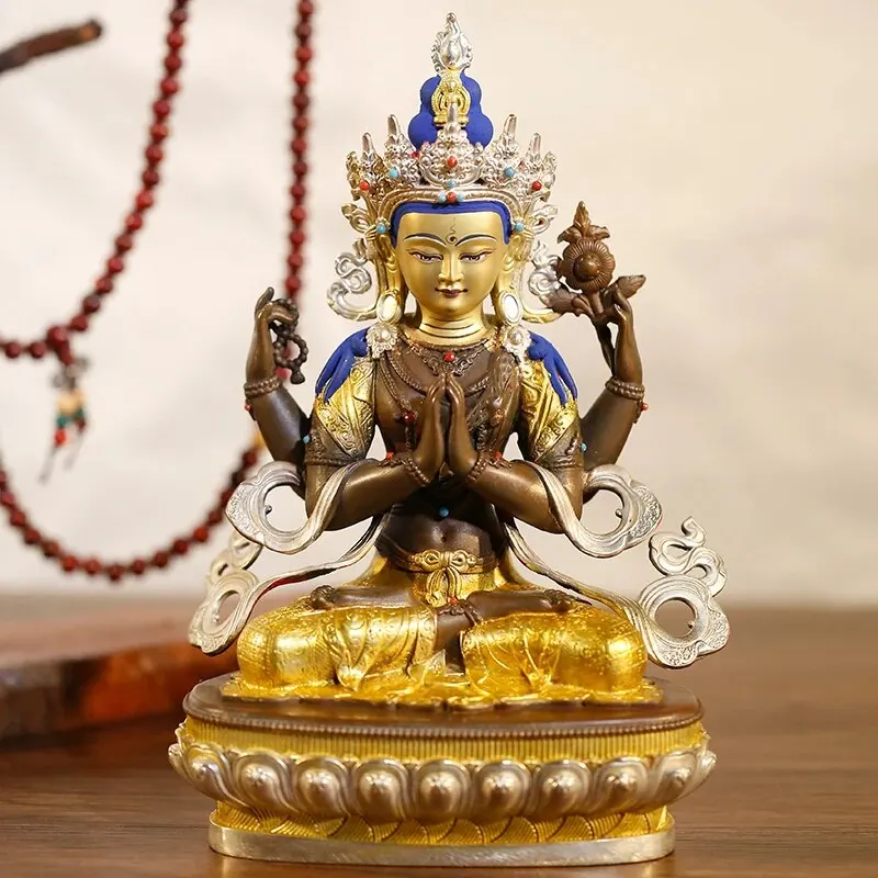 

High grade Gilding Buddha statue Asia Nepal Tibet temple bless safe healty good luck Four arm Avalokitesvara GUANYIN buddha