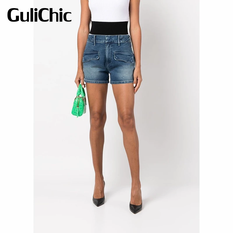 

7.8 GuliChic Women Fashion Casual Pocket Design Washed High Waist Denim Shorts