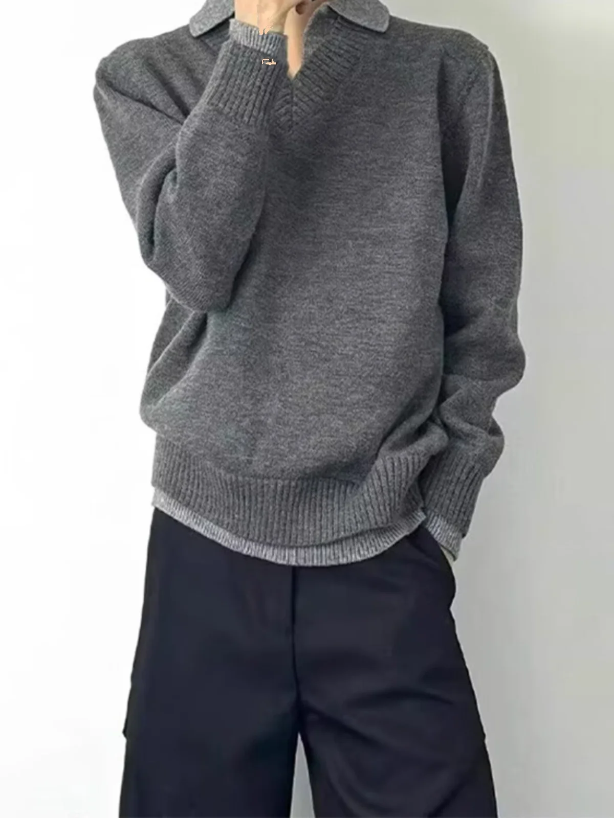 Design Sense Patchwork Contrast Color Fake Two Pieces Lapel Knit Men's Autumn and Winter Bottoming Shirt Loose Pullover...