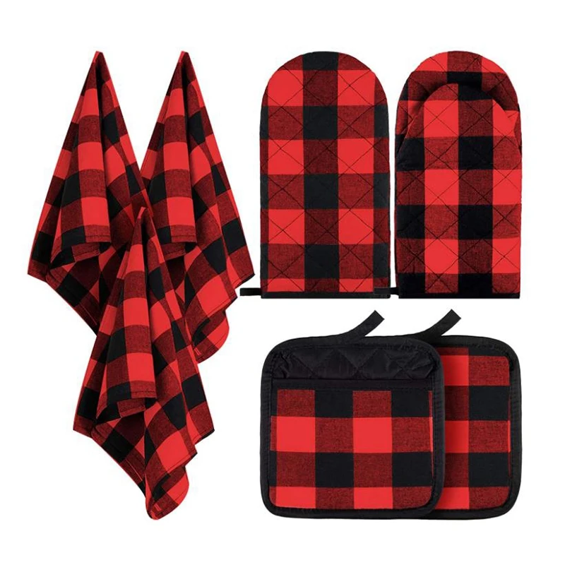 

LBER 7 Pcs Check Dish Towel Pot Holder Oven Glove Set Non-Slip Heat-Resistant Oven Gloves And Pot Holder For Cooking,Bake,Etc