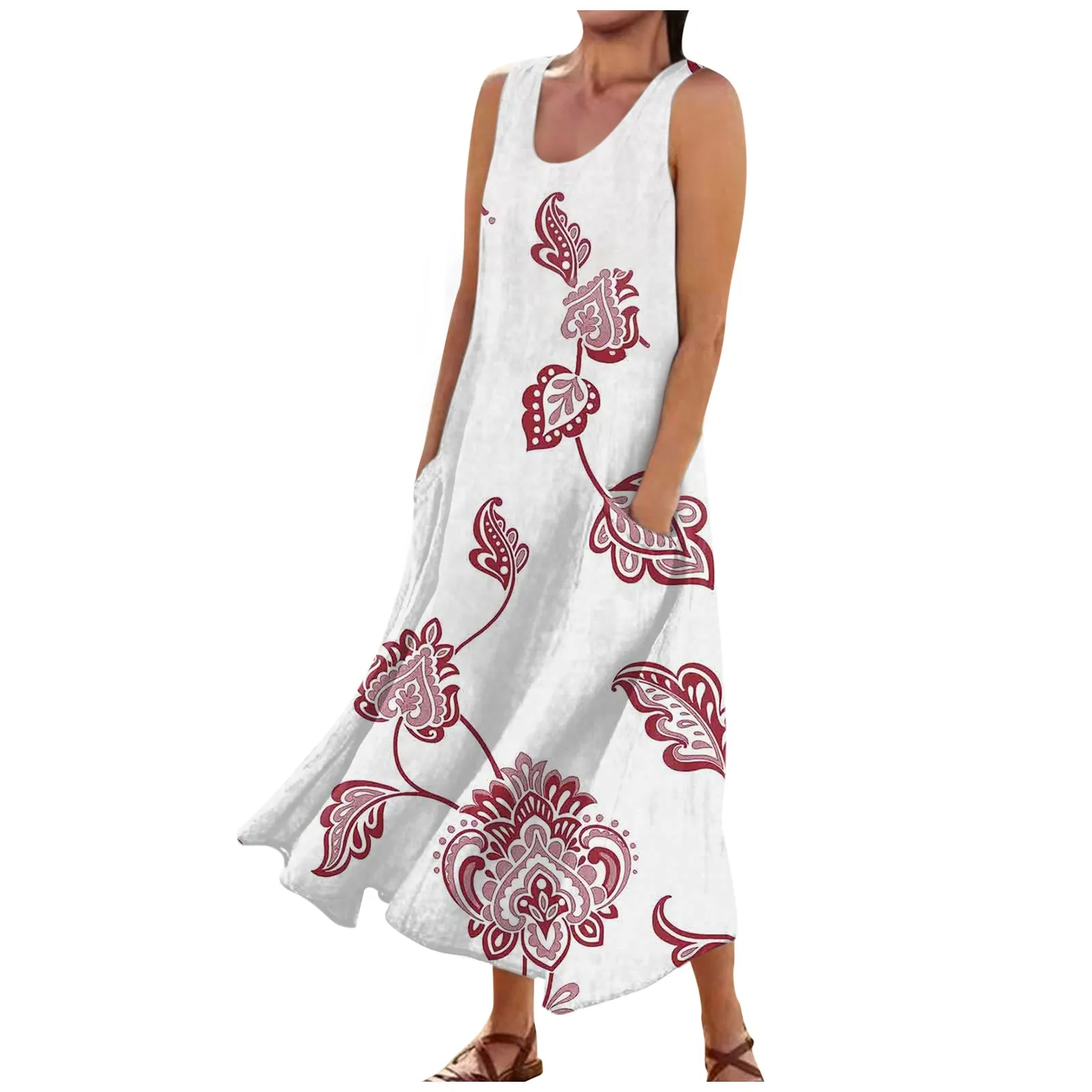 

Женское повседневное удобное хлопковое платье с цветочным принтом без рукавов с карманами вечернее платье свободное женское платье летнее платье для женщин