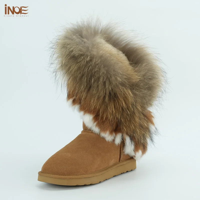 INOE Модные женские зимние сапоги до колена из коровьей замши с натуральным лисьим