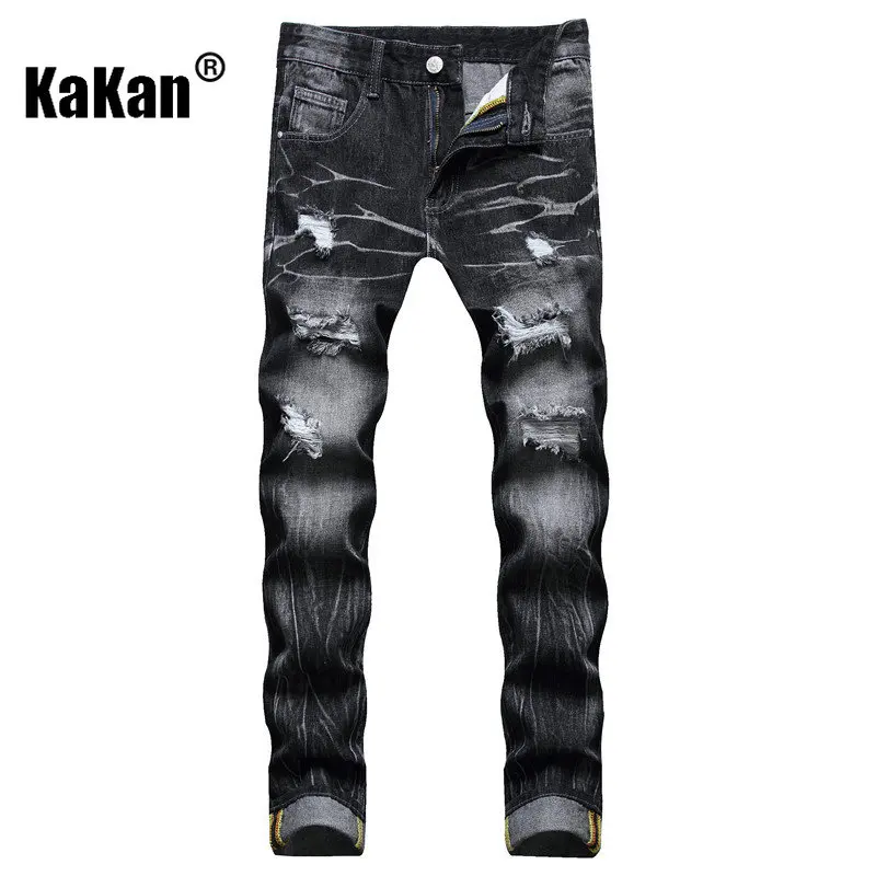 Kakan - New European and American Pierced Jeans for Men, Hot Selling Straight Black Long Jeans K44-9238