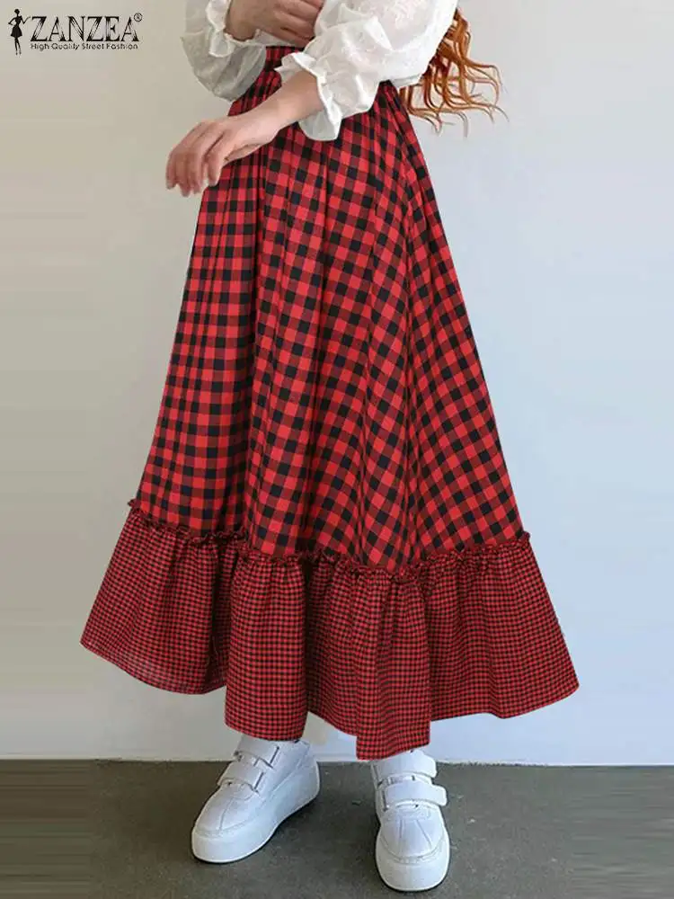 

Fashion Women Plaid Maxi Skirt ZANZEA Elastic High Waist Jupes Holiday Beach Flare Stitching Faldas Casual Loose All-match Skirt