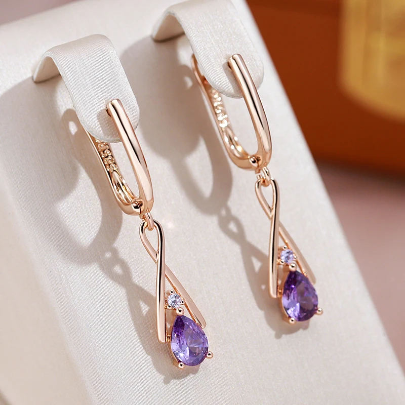

JULYDREAM Luxury Cross Purple Zircon Dangle Earrings for Women English Clasp 585 Gold Color Wedding Jewelry Fashion Accessories
