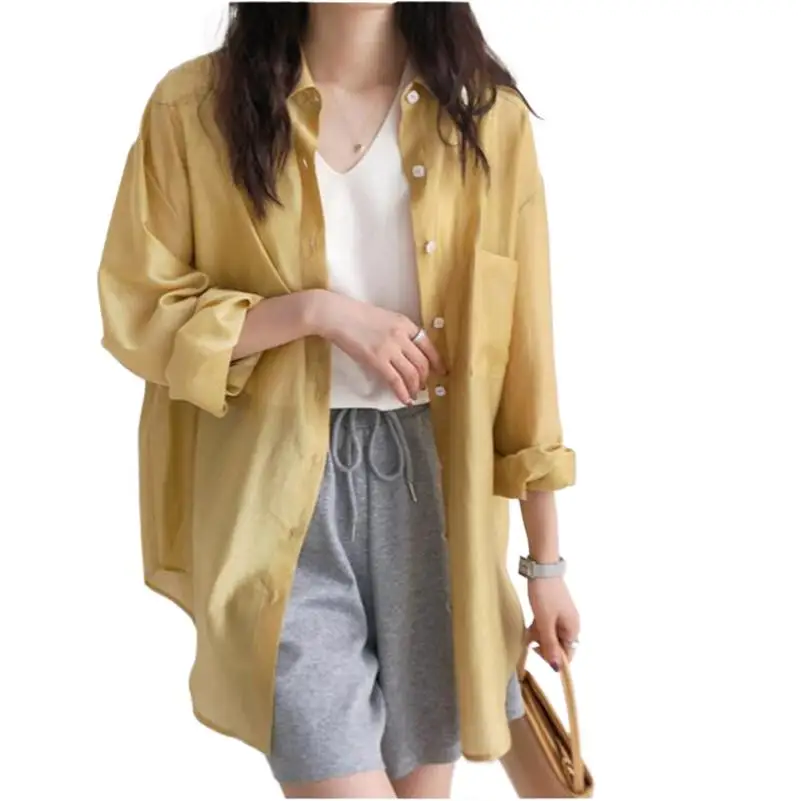 

Spring Rayon Design Sense Split Back Strap Sunscreen Shirt Solid Lightweight Chic Basics Casual Loose Tops holiday style coat