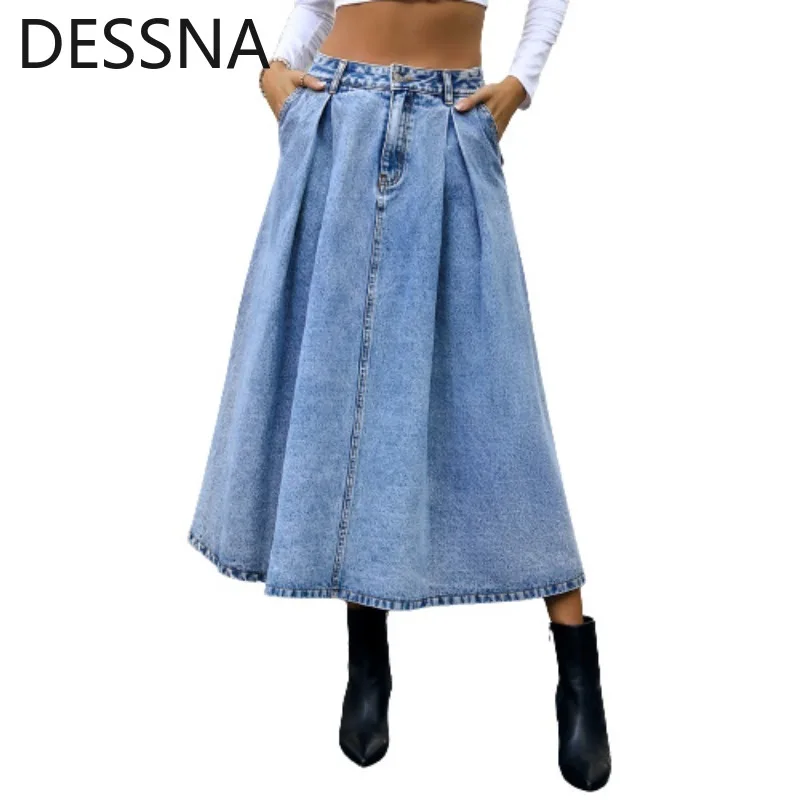 

New Womens Long Denim Skirt Blue Jean Skirts for Women Midi Length