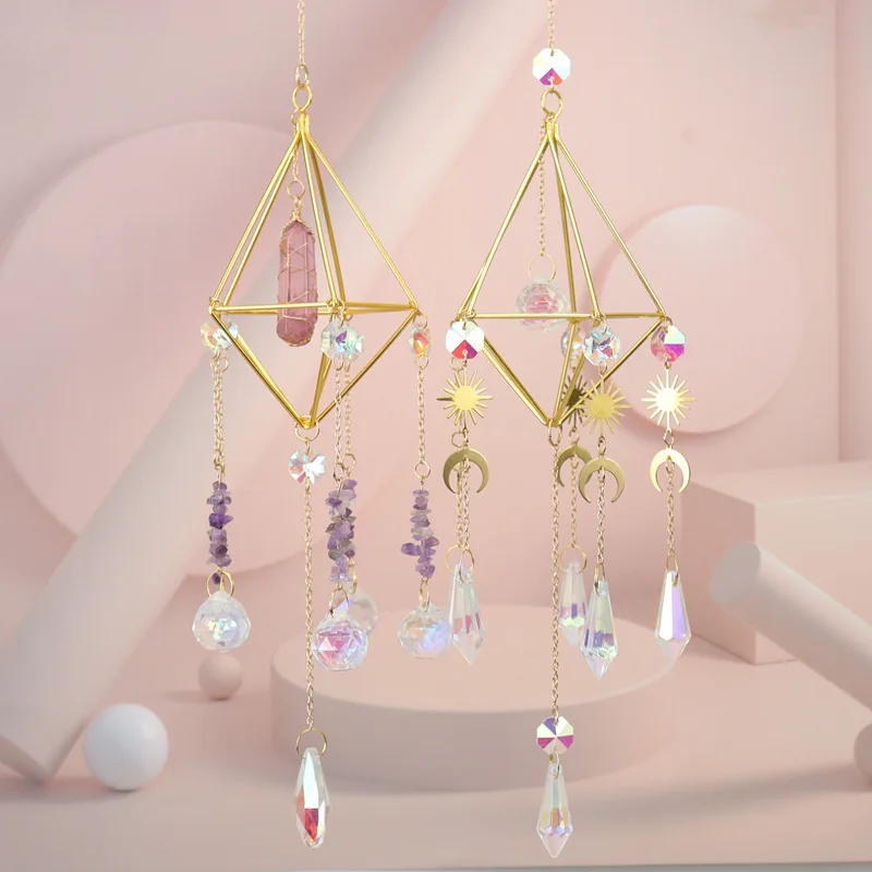 Rock Crystal Gravel Sun Catcher Lamp Stand Window Garden Hanging Decoration Natural Mineral Irregular Hexagonal Column Ornament