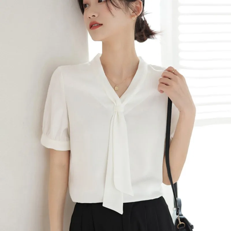 

Blouse Women V-Neck Short Puff Sleeve Solid Shirt Female Streamer 2023 Summer Silk Thin Top White OL Chiffon Womens Tops Blouses